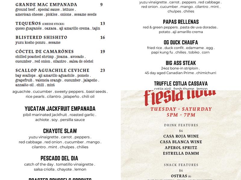 Pablos Snack House Menu