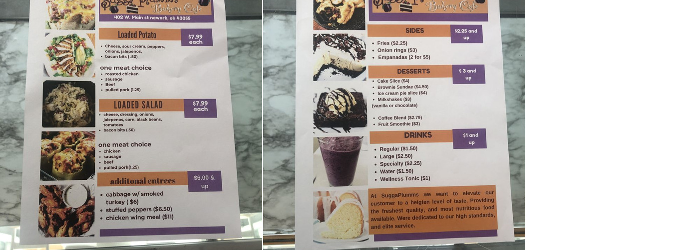 Sugga Plumms Bakery Cafe Menu