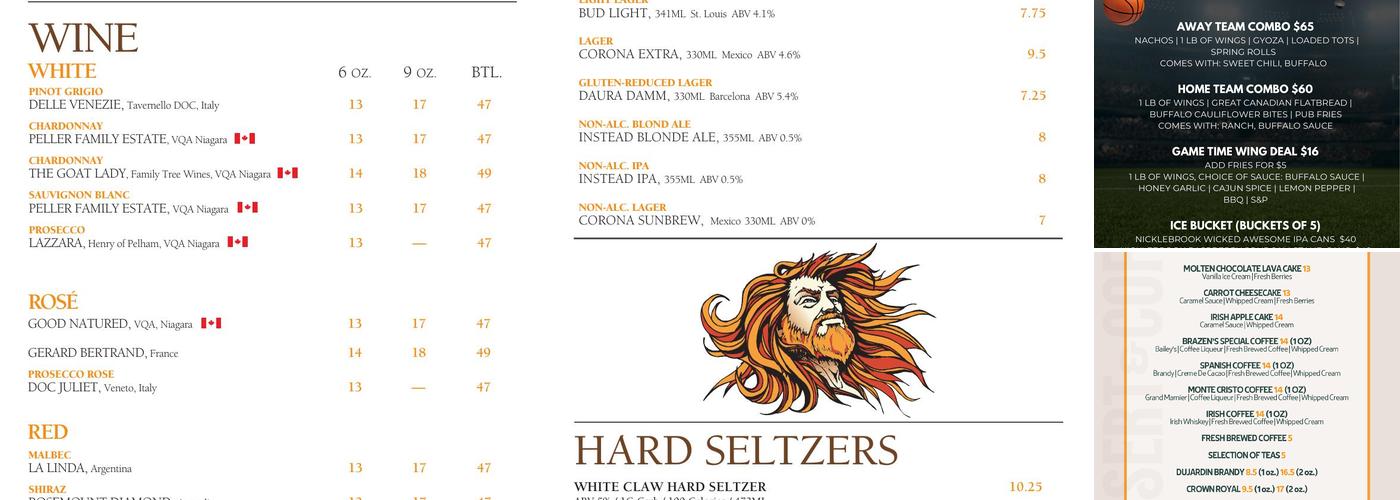 Brazen Head Irish Pub Menu
