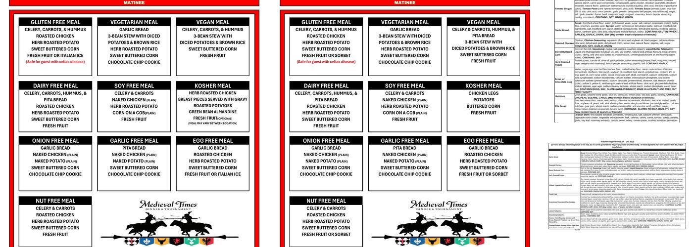 Medieval Times Dinner & Tournament Menu