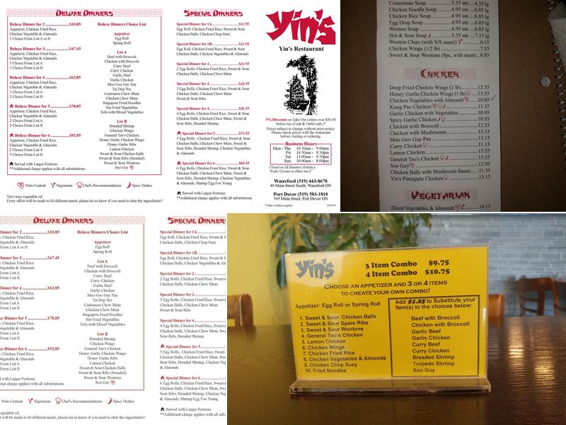 Yin's Restaurant Port Dover Menu