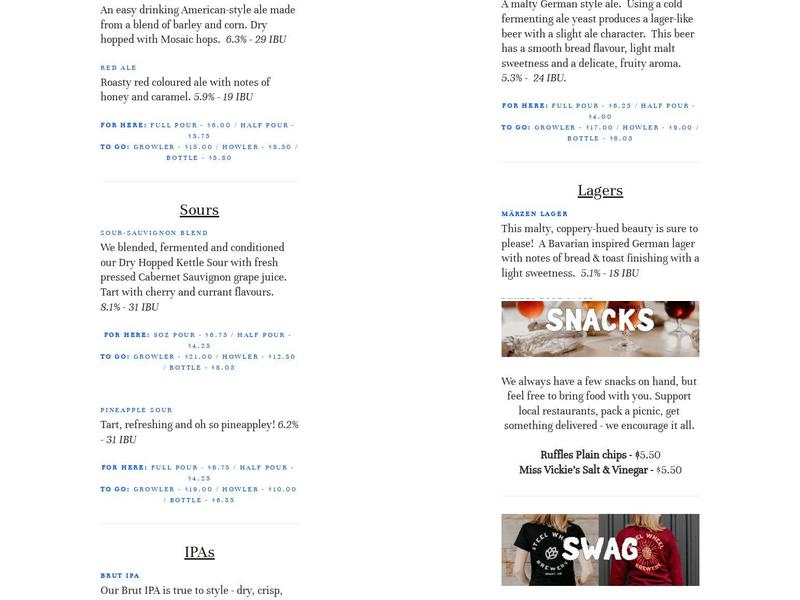 Steel Wheel Brewery Menu