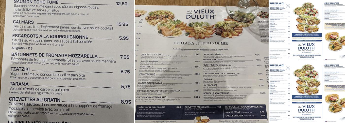 Au Vieux Duluth Repentigny Menu