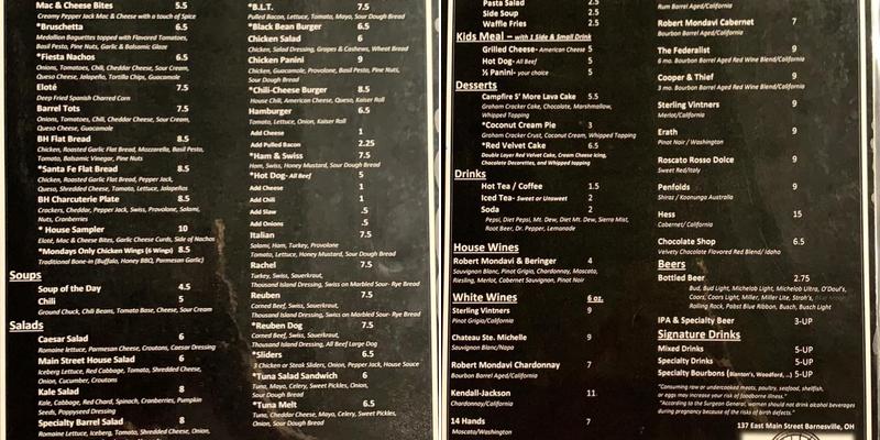 Main Street Barrel House Menu