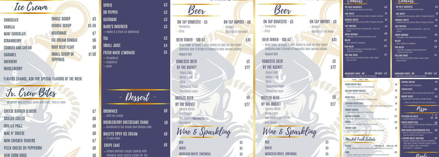 Barnacle Bill's Marina Menu