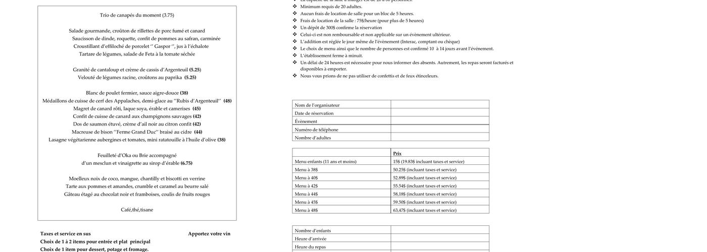 Au pied de la chute Menu