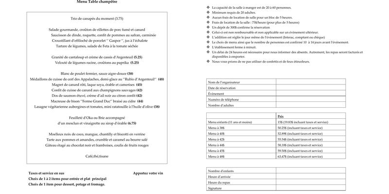 Au pied de la chute Menu
