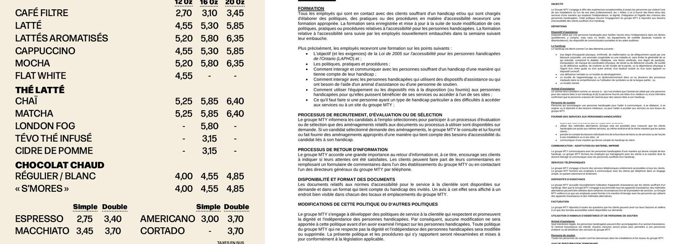 Café Dépôt Mirabel Menu