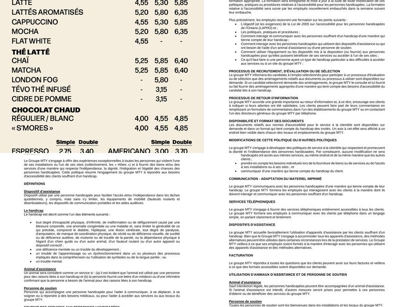 Café Dépôt Mirabel Menu