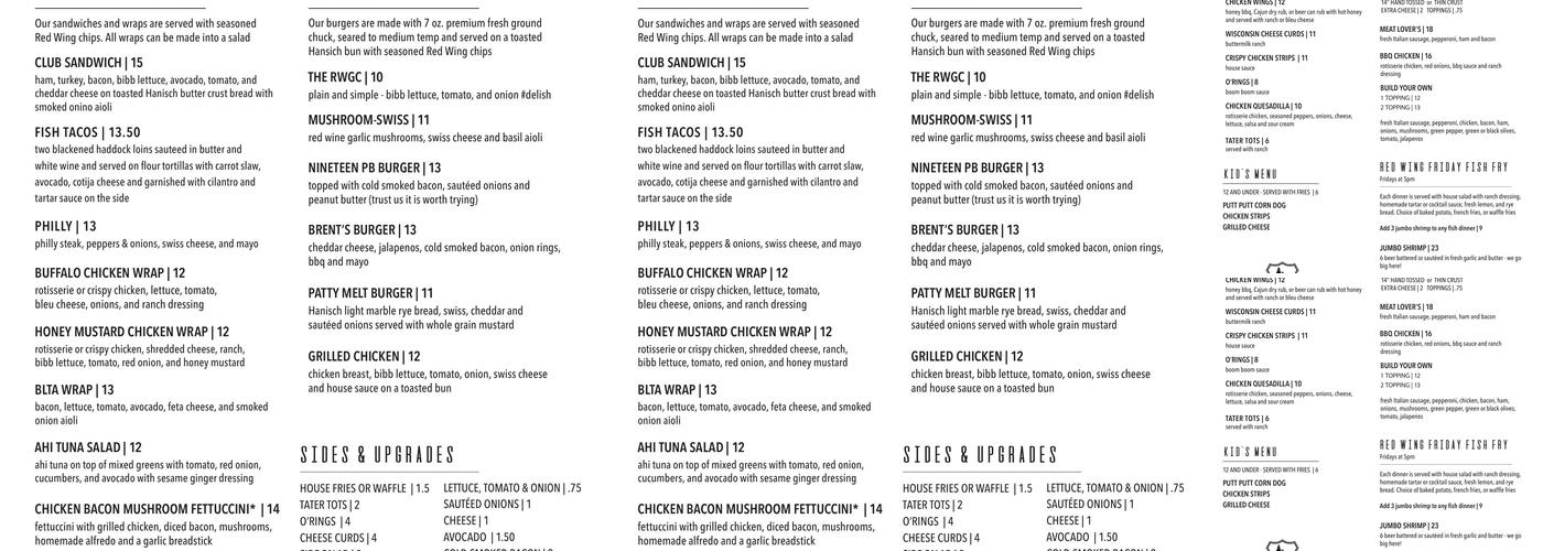 Nineteen Bar + Grill Menu