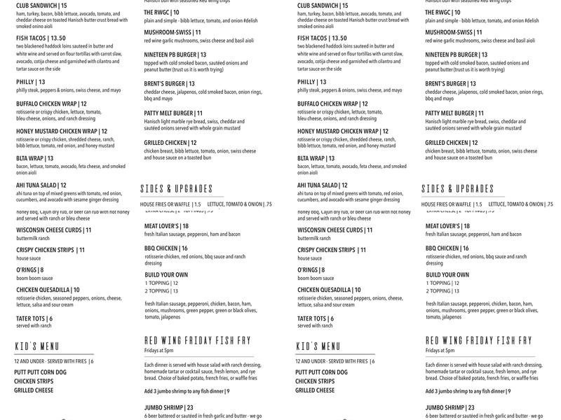Nineteen Bar + Grill Menu