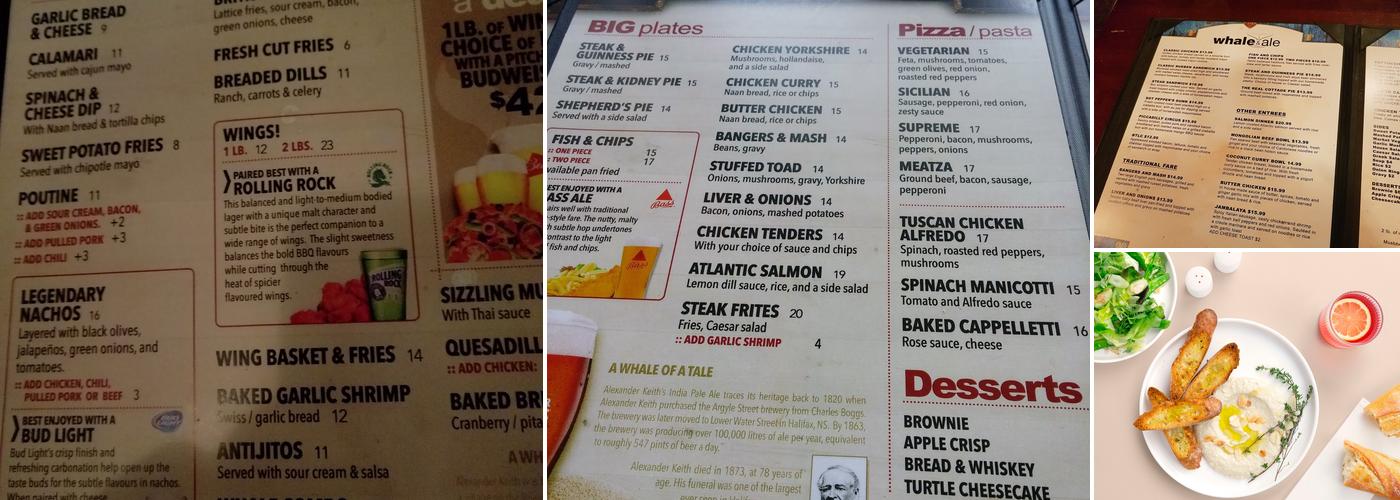 Whale & Ale British Pub Menu
