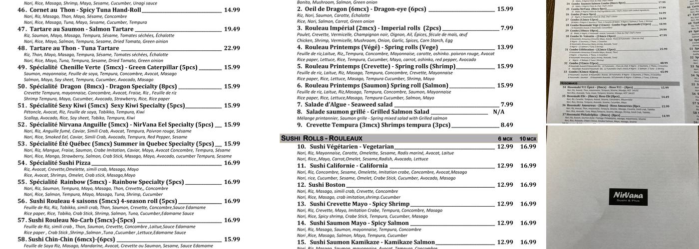 NirVana Sushi et Plus Menu