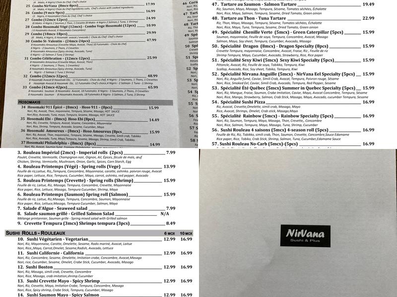 NirVana Sushi et Plus Menu