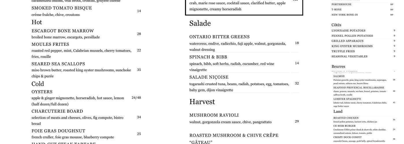 Ce Soir Brasserie + Bar Menu