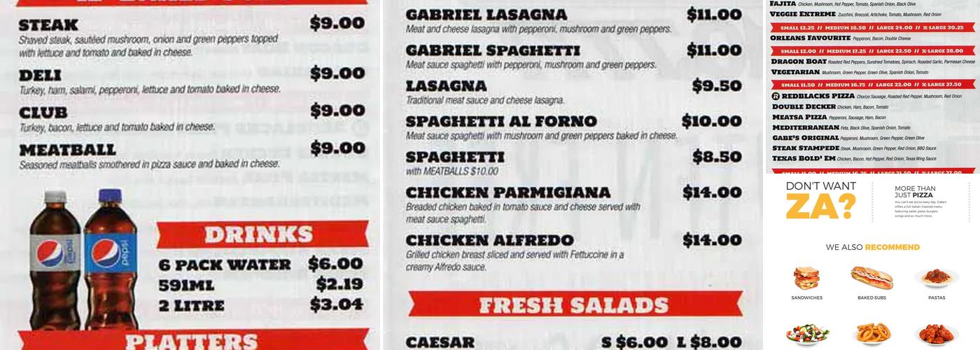Gabriel Pizza Menu