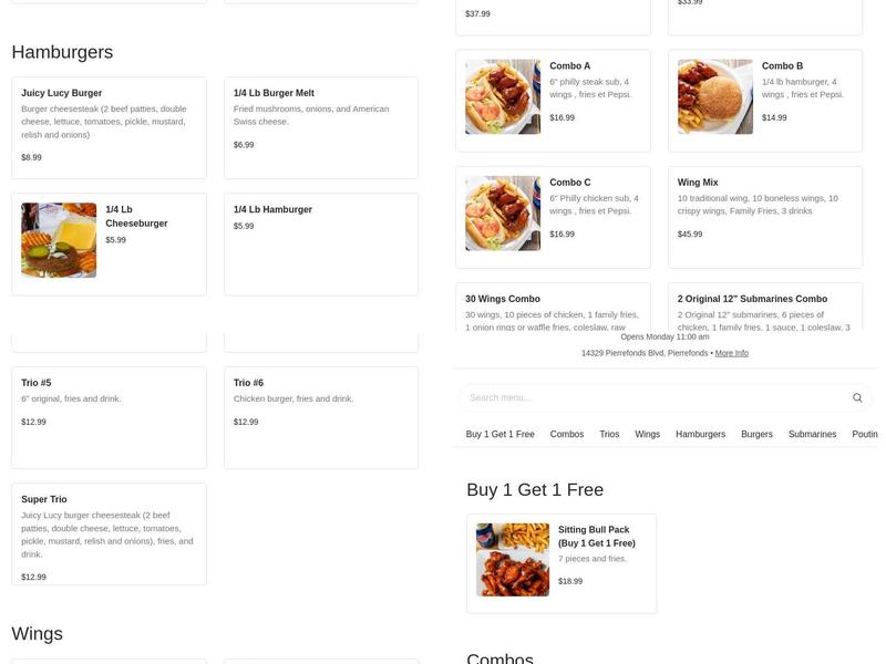 Buffalo Bill Wings Menu