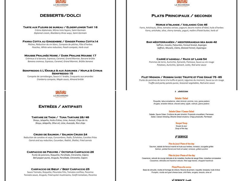 Le Richmond Menu