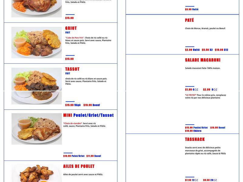 Tassot Creole (Greenfield Park) Menu