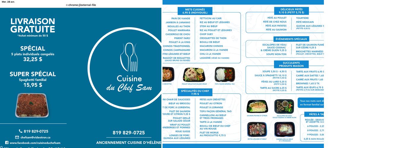 Cuisine du Chef Sam Menu