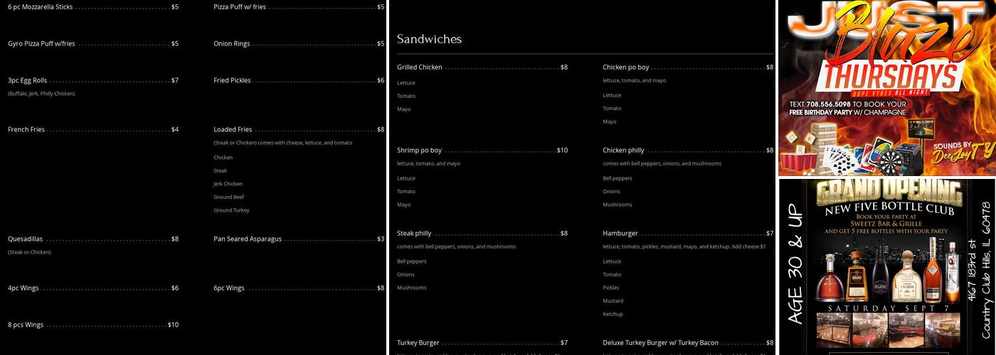 Sweetz Bar & Grille Menu
