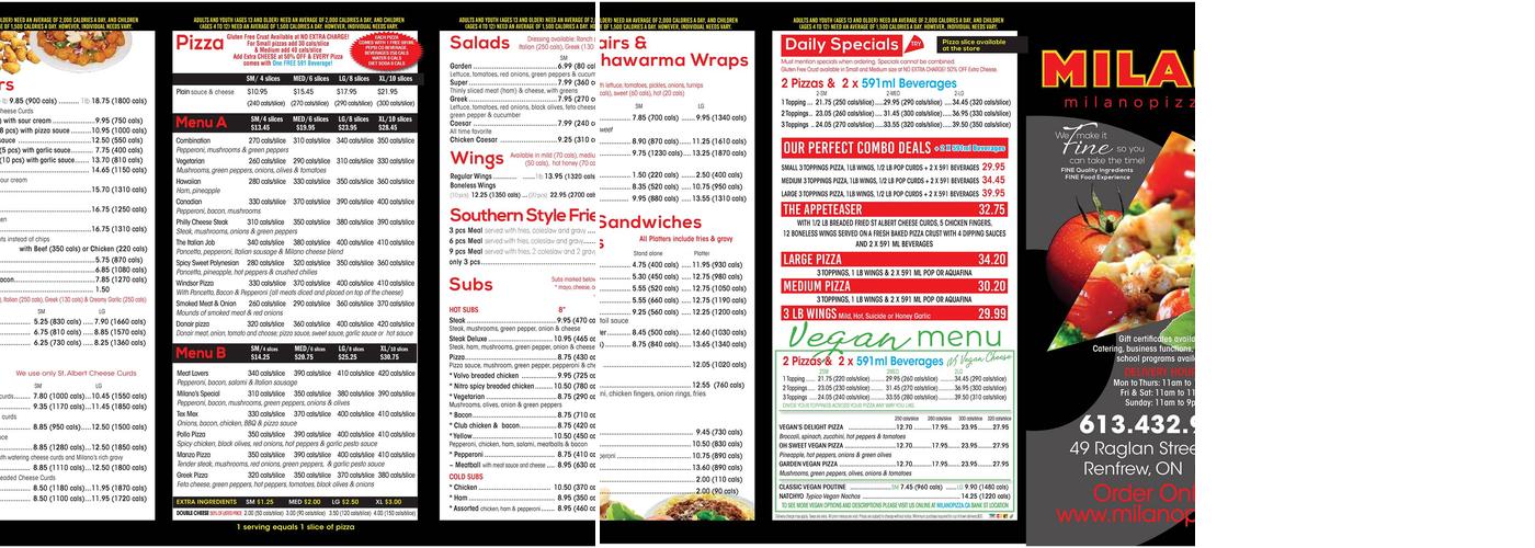 Milano Pizzeria Menu