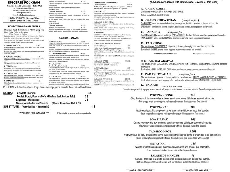 Épicerie Poukham Traiteur Thai Cuisine Menu