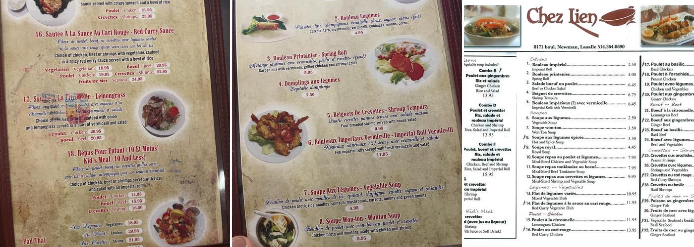 Chez Lien Menu