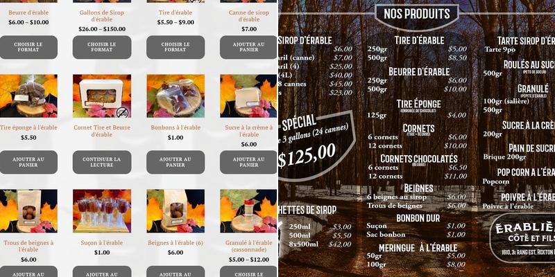 Érablière Côté & Fils Menu