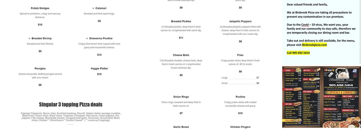 Binbrook Pizza Menu