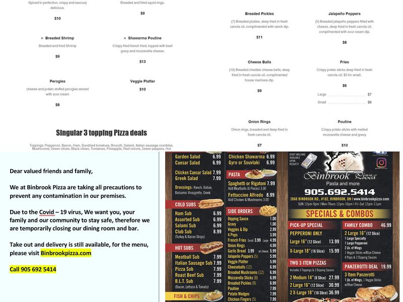 Binbrook Pizza Menu