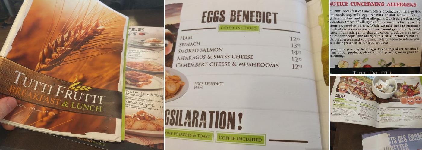 Tutti Frutti déjeuner et diner Menu