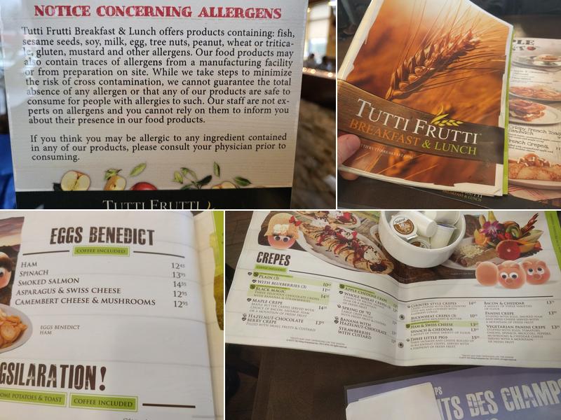 Tutti Frutti déjeuner et diner Menu