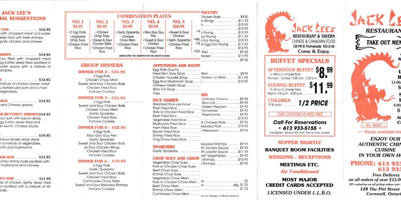 Jack Lee's Tavern Restaurant Menu