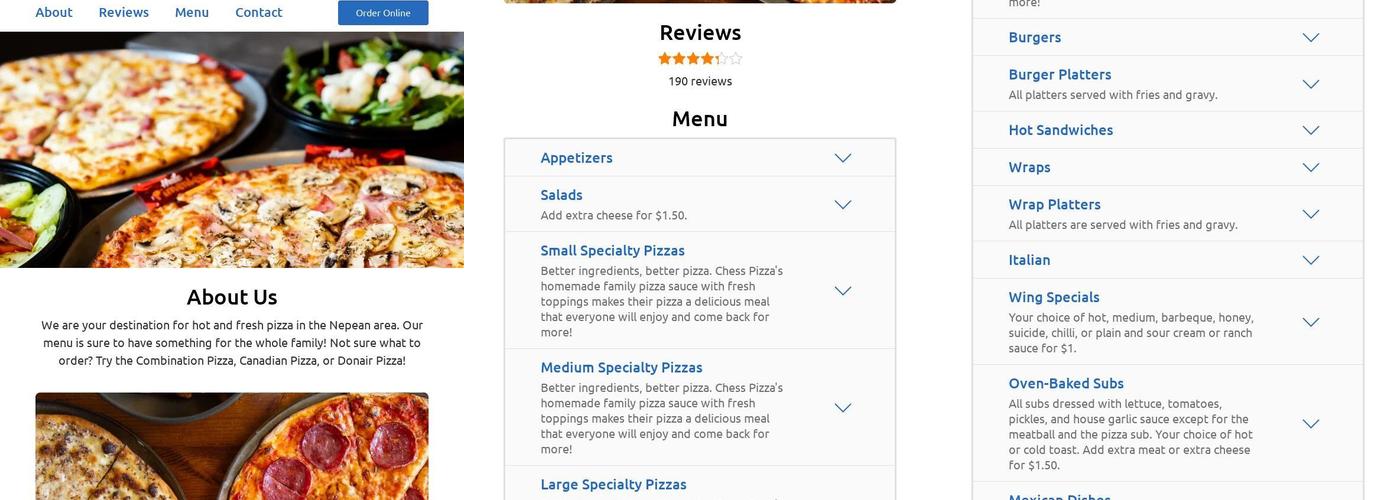 Chess Pizza Viewmount Menu