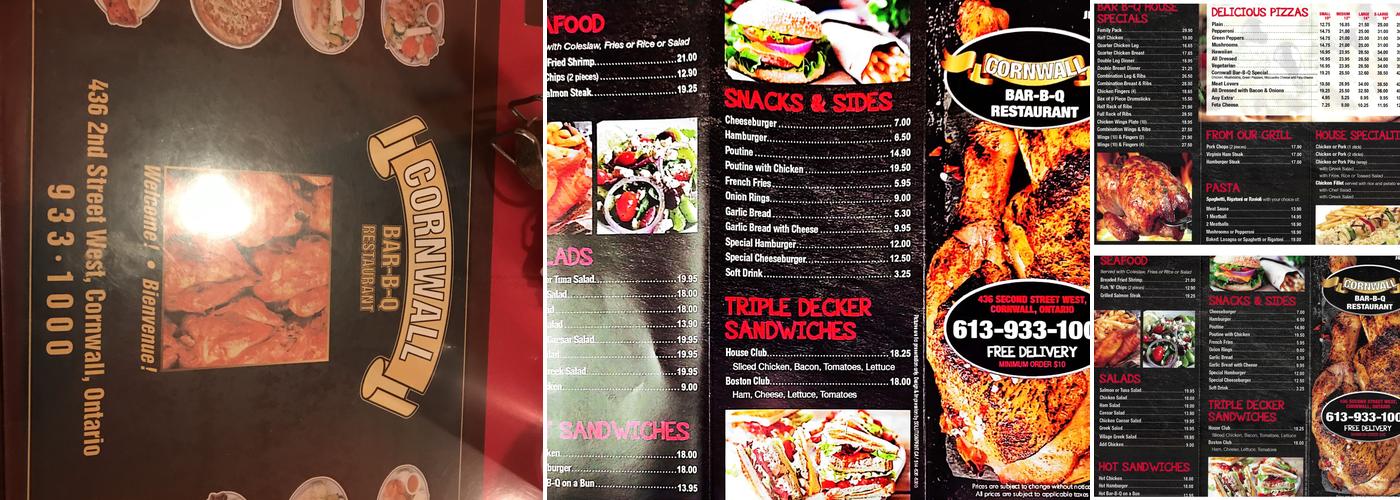 Cornwall Bar B Q Restaurant Menu