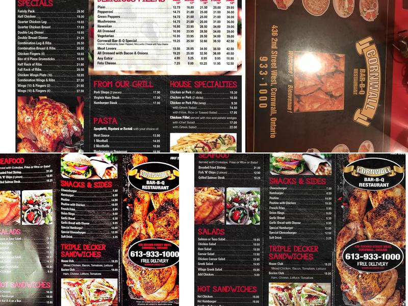 Cornwall Bar B Q Restaurant Menu