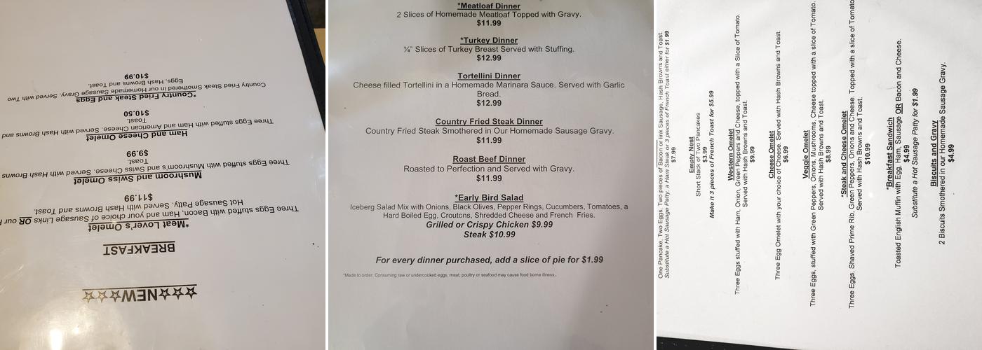 The Early Bird Diner, Donora Menu