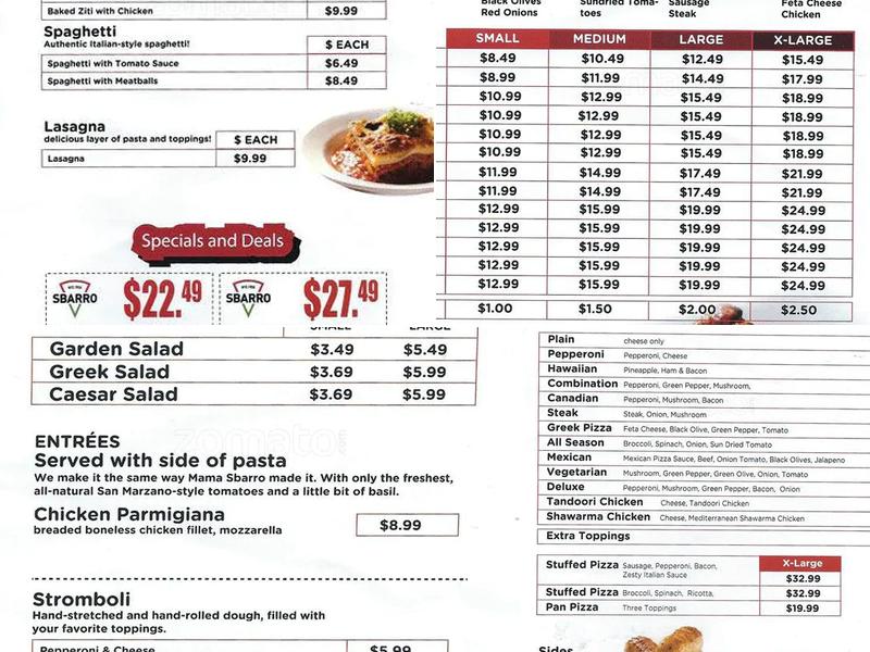 Sbarro Menu