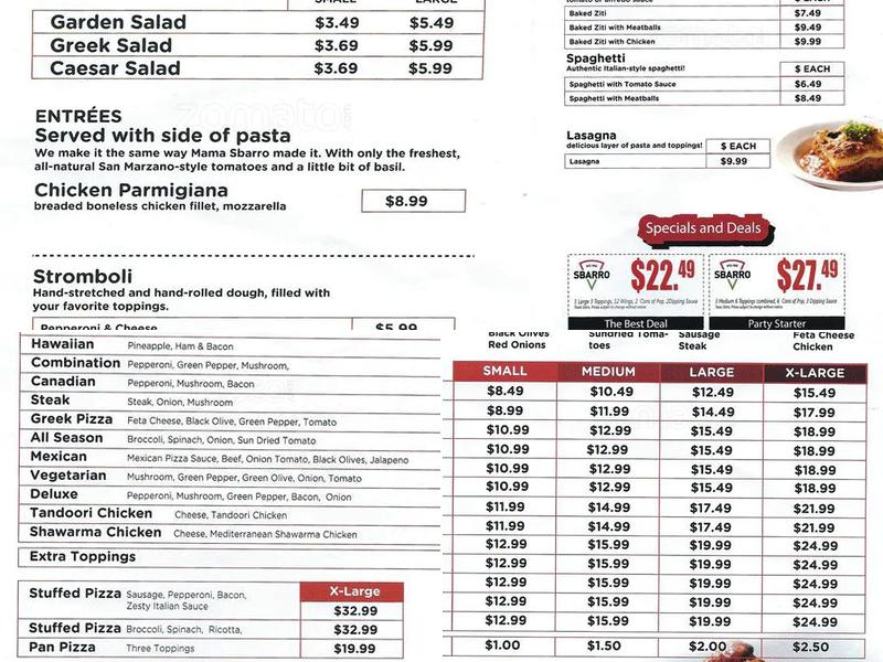 Sbarro Menu