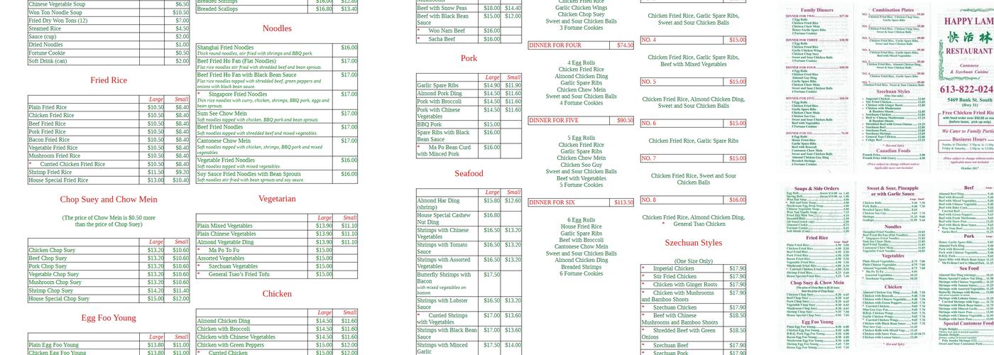 Happy Lam Restaurant Menu