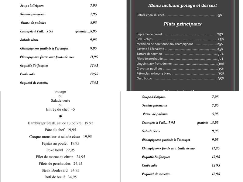 Restaurant Les Frères Moreau Menu