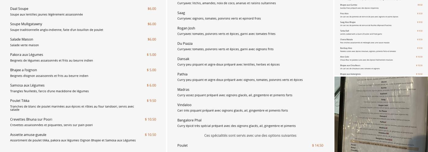 Cuisine Bombay Indienne Menu