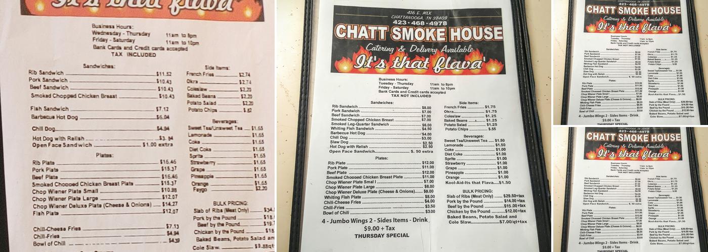 Chatt Smoke House Menu