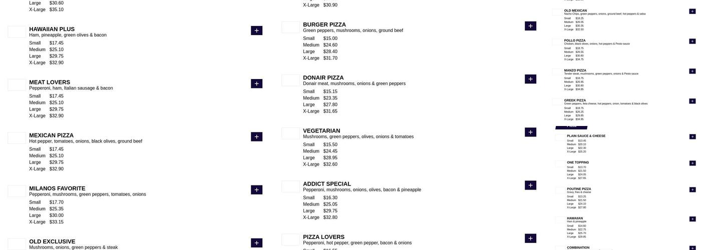 Milano pizza Menu