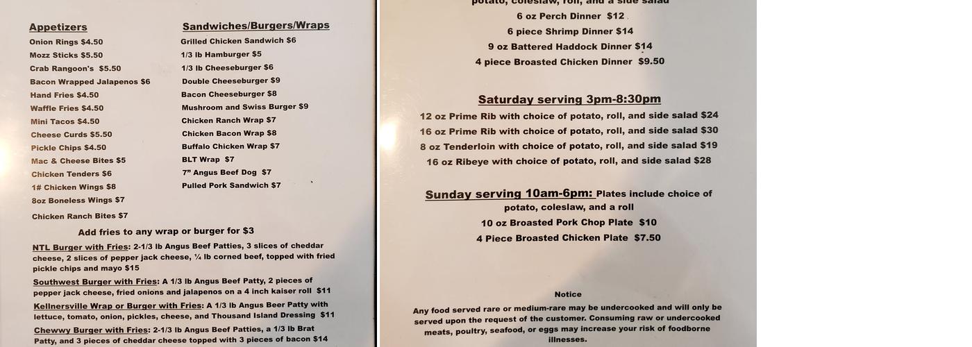 Kellnersville Bar & Banquet Menu