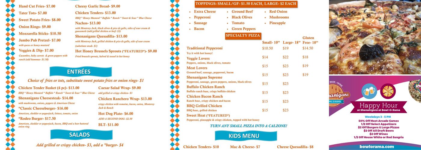 Shenanigans at Bowl-O-Rama Menu