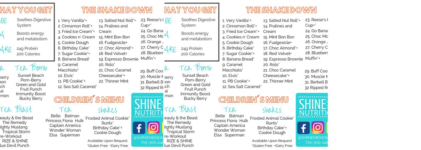 SHINE Nutrition Menu