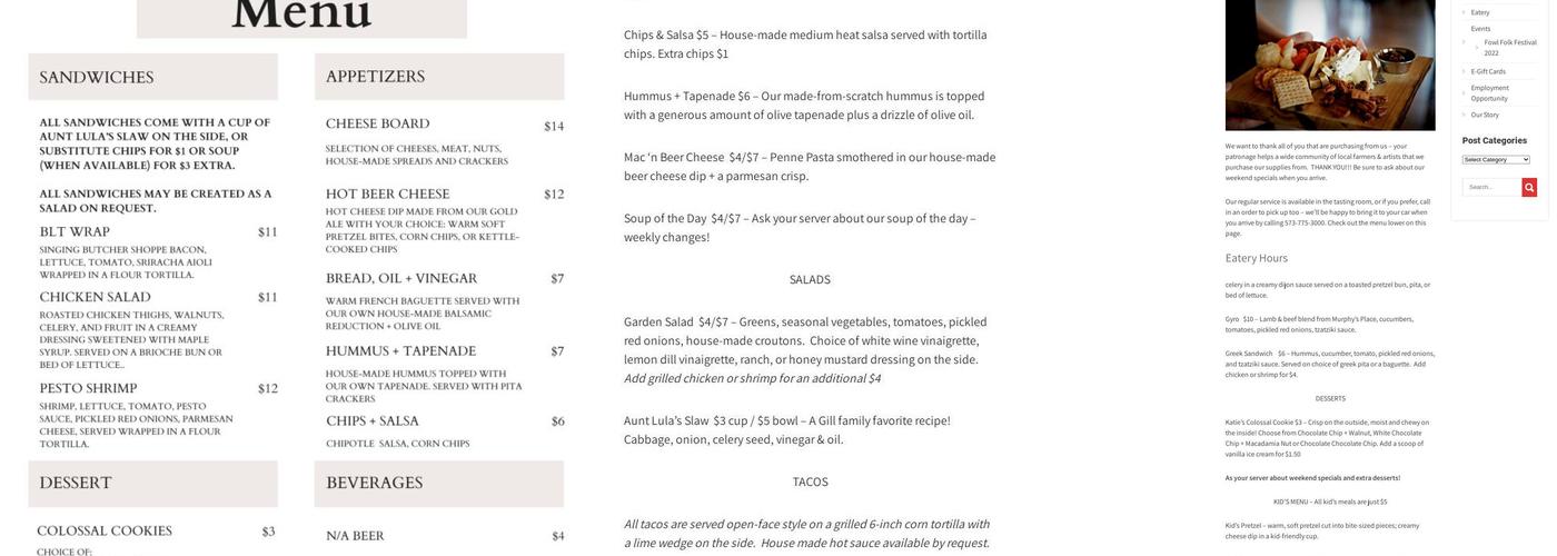 Peaceful Bend Winery Menu