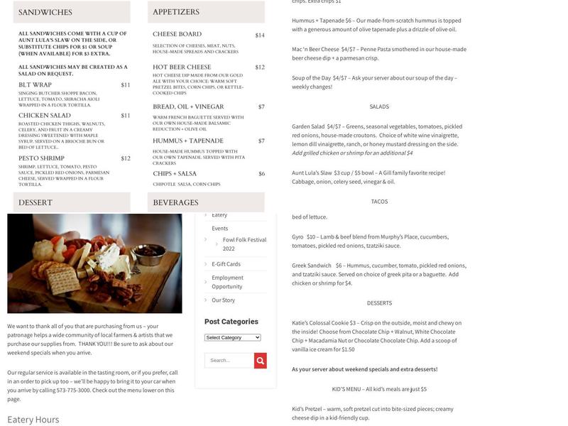 Peaceful Bend Winery Menu